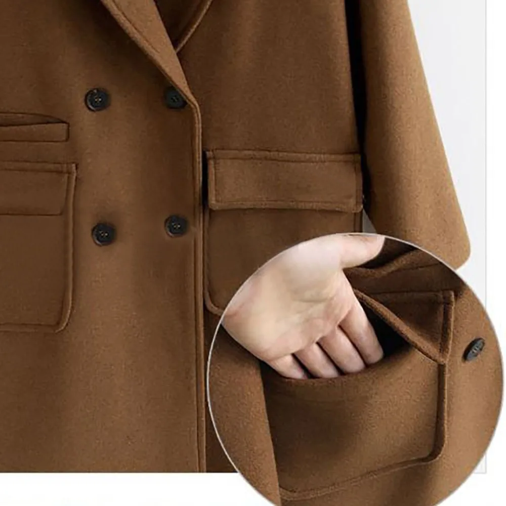 Осеннее женское длинное шерстяное пальто с отворотом, куртка с большим карманом, зимнее пальто, верхняя одежда, casaco feminino CD