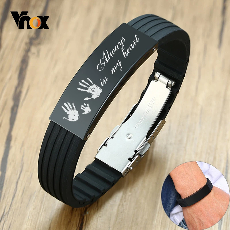 Vnox Customize 16mm Slicone Bracelets for Men Black Stainless Steel Tag Personalize Family