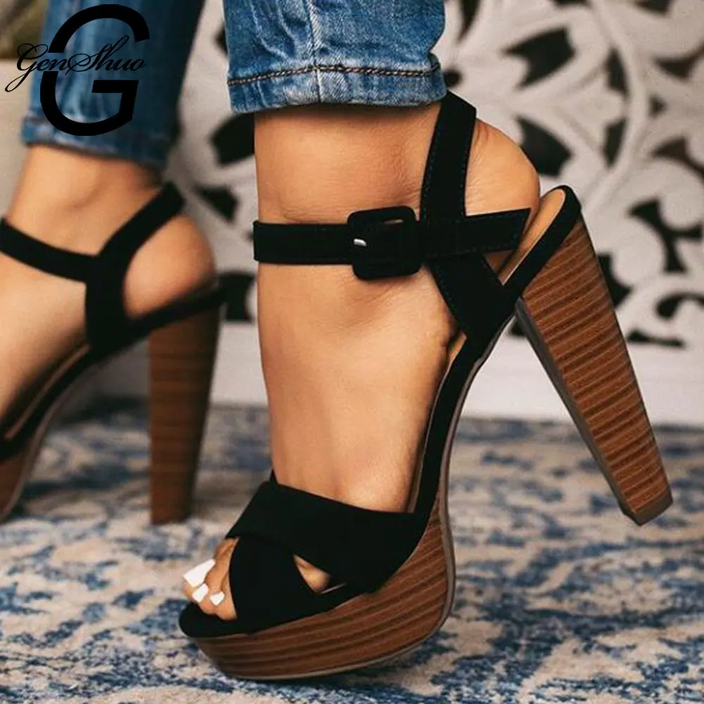 

GENSHUO 2019 Women Summer Platform High Heels Block Heels Sandals Lady Chunky Pumps Female Black Shoes Size 35-40 Rome Sandals