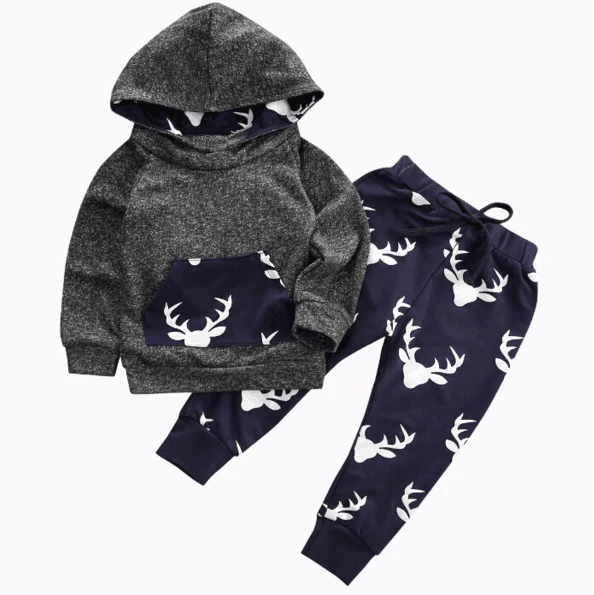 Baby Boys Girls Clothes Set Warm Outfits Deer Tops Hoodie Top+ Pant Leggings Cute Animals Kids Baby Clothing - Цвет: Черный