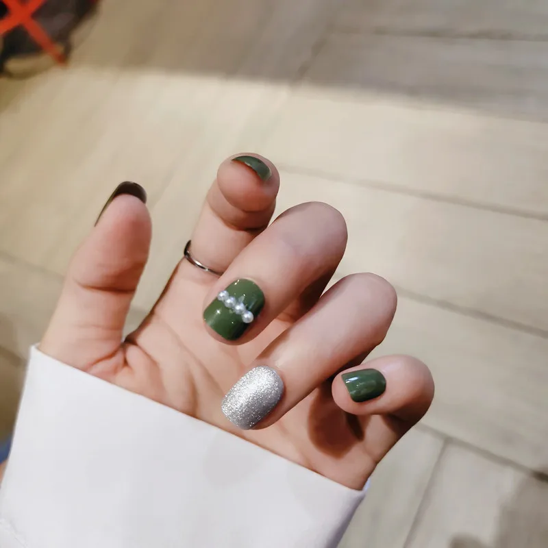 F66 Lvxiu ZHENFAN Short Dark Green Cat's Eye Fake Nail Patch Glue 24pcs Short Green Press on Nails Cute Pearl Design Fake Nails Full Coverage