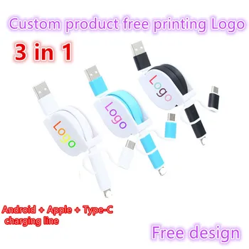 

50pcs Customized products Fast Charging Multi Function 3 in 1 usb cable Universal Data Line Type-c Usb Cable free print Logo