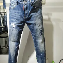 Европейский Американский известный бренд, дизайнерские джинсы, мужские облегающие джинсы, джинсовые брюки, Синие рваные брюки-карандаш, джинсы для мужчин 102