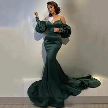 Dark Green Robe De Soiree Mermaid Spaghetti Strap Lantern Sleeves Satin Beaded Sexy Long Prom Dresses Prom Gown Evening Dresses