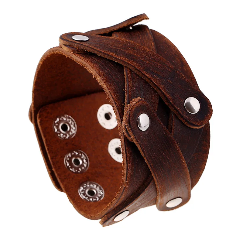 

Vintage 4CM Wide Punk Rock Style Cuff Bangles Wristband Genuine Leather Men's Bracelet Retro Brown Color Hand Made Jewelry