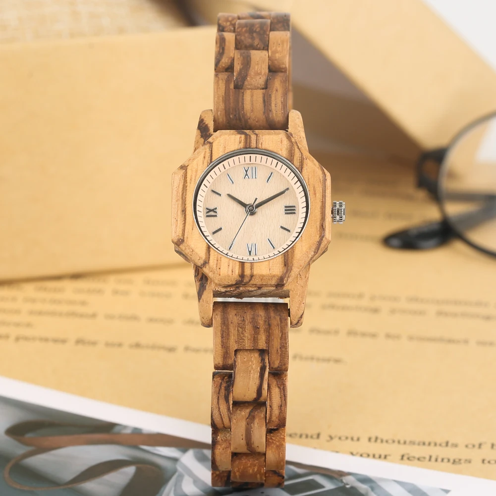 

Colorful Natural Wood Quartz Maple Watch White Dial with Clear Roman Numerals Wristwatch for Women