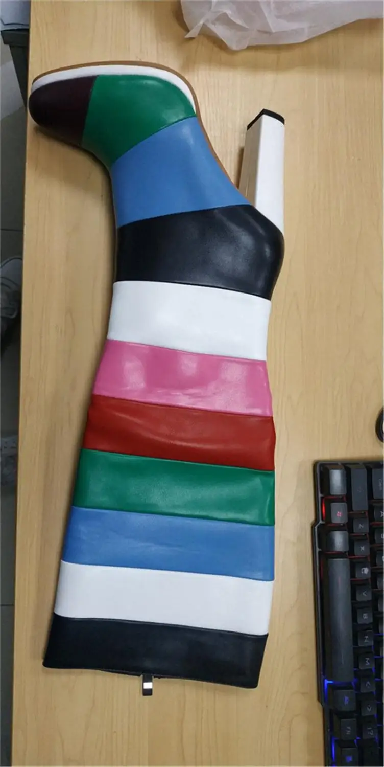 Цветные высокие сапоги в полоску; женские зимние сапоги с круглым носком; модные высокие сапоги в стиле пэчворк на высоком квадратном каблуке; цвет радуги; Botas - Цвет: As Show