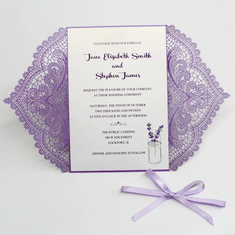 

Laser Cut Wedding Invitations Purple Lace Invitation with Lavender Ribbon Unique Invitation Cards - Set of 50pcs