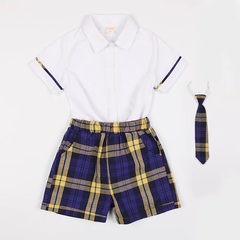 Boy Set White Белый топ Синие Клетчатые снимки одежда для детского сада летняя школьная форма для начальной школы мини Япония корейский стиль школьная форма - Цвет: Boy Set White