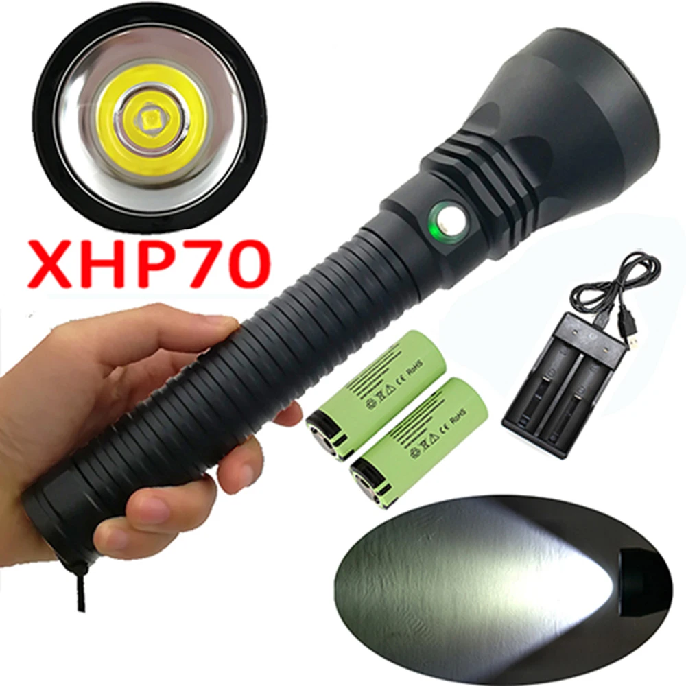 5000LM White Light  XHP70 LED Scuba Diving flashlight Waterproof underwater dive Lamp Torch +2x 26650 Battery+ Charger 360 rotation waterproof underwater camera for fishing ccd video fish finder 20meter cable color monitor battery