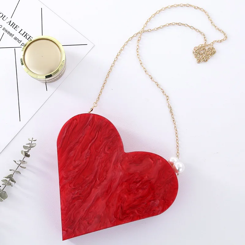 

Unique Designer Acrylic Clutch Fashion Cute Red Heart Shape Pearl Chain Party Evening bag Women Shoulder Bags Hot Handbag Purses