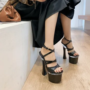 

Top Quality Summer Big Size 34-40 Women Patent Leather Platform Sandals Sexy Super High Heels Party Wedding Sandals Woman Shoes