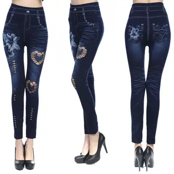 

New Women Floral Print Hollow Imitation Jeans Stretchy Slim Leggings Seamless Pants