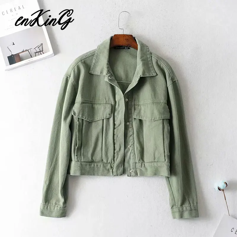 

2019 high street vintage army green big pockets cargo jackets women oversize denim jacket casaco feminino jaqueta feminina