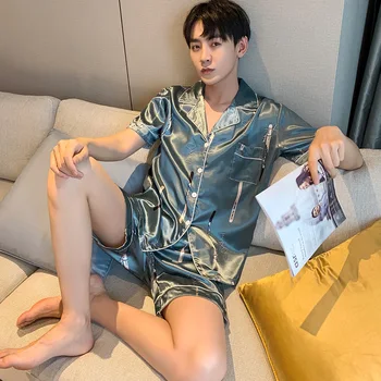 

Home Clothing 2PCS Pajamas Suit Men Print Homewear Satin Intimate Lingerie Casual Big Size Nightwear Sleep Set Pyjamas