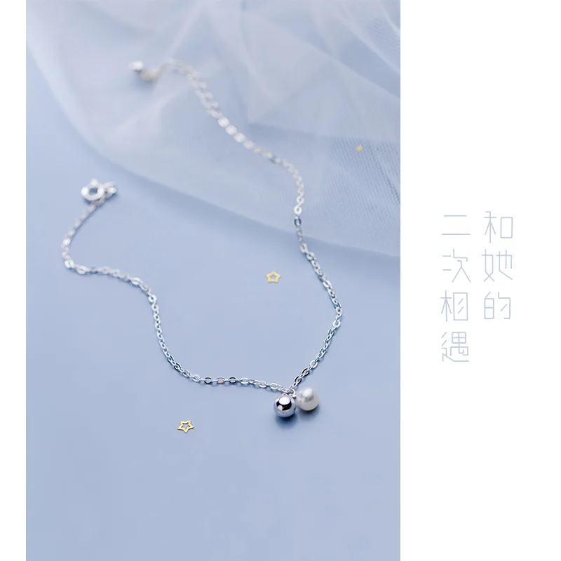 

S925 Silver Anklet Women's Japanese And Korean Style Simple Cool Shell Pearls Synthesis Pearl-Style Light Bead Anklet Accessorie