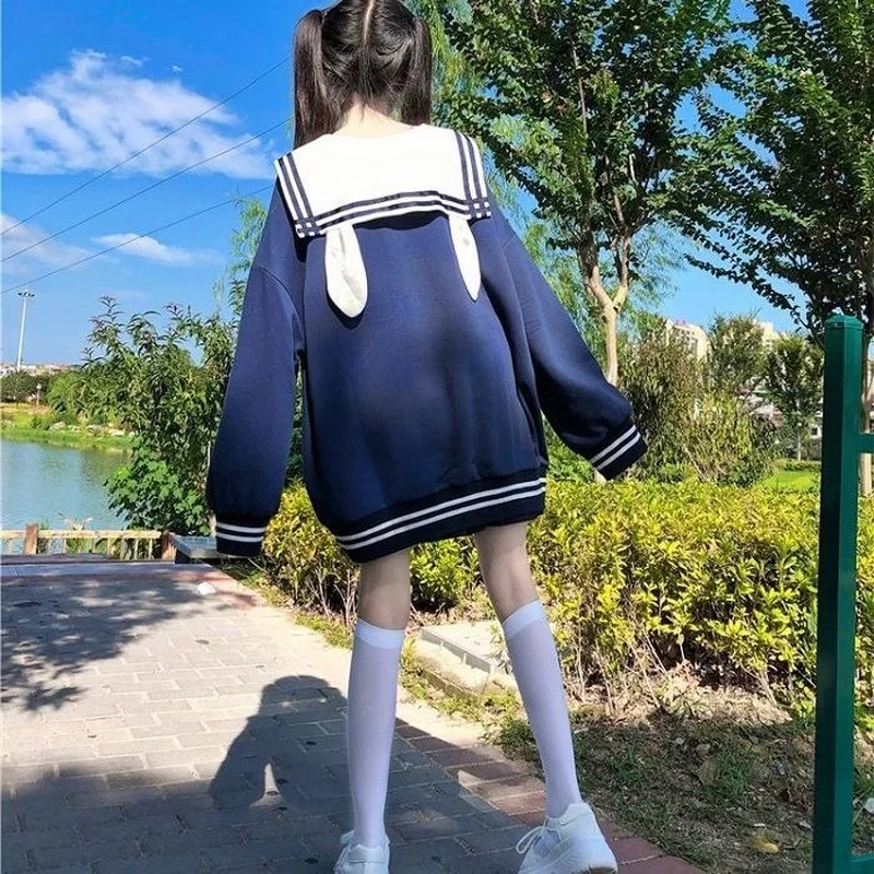 HOUZHOU-sudaderas con capucha Kawaii para mujer, Tops bonitos con orejas de conejo de talla grande, ropa informal japonesa, jerséis estéticos suaves para chica 2021