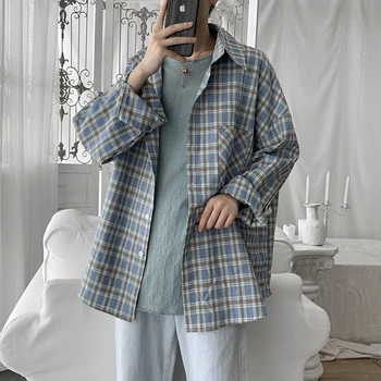 

2019 Autumn And Winter New Youth Lattice Port Wind Fashion Casual Loose Long-sleeved Wild Shirt Jacket Blue / Black M-XL