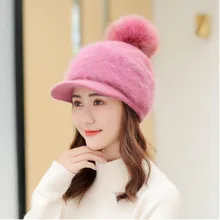 Зимняя вязаная шапка, женская модная бейсбольная Кепка из кроличьей шерсти, теплые шапочки с помпоном