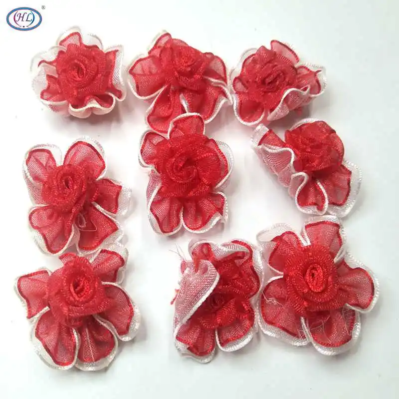 

40pcs red color organza ribbon flowers handmade flowers apparel sewing accessories wedding decoration crafts A557