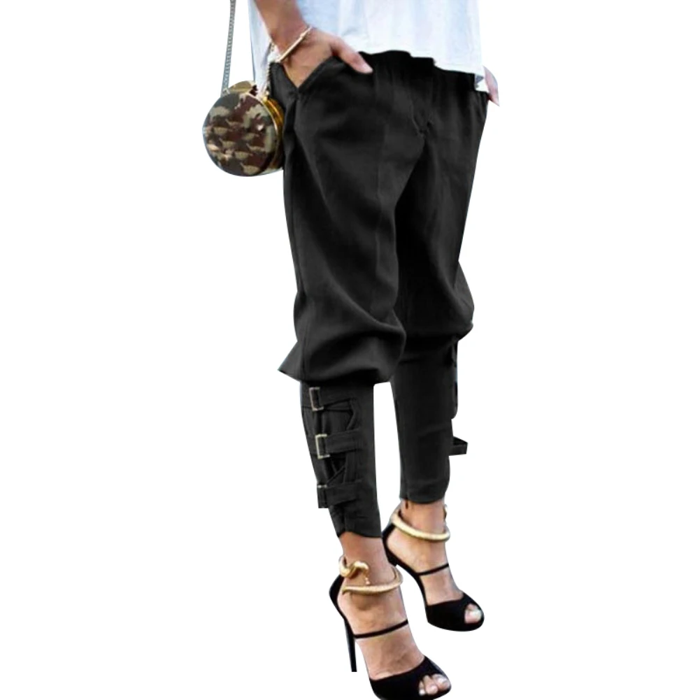 Women Pencil Pants Solid Color Buckle 