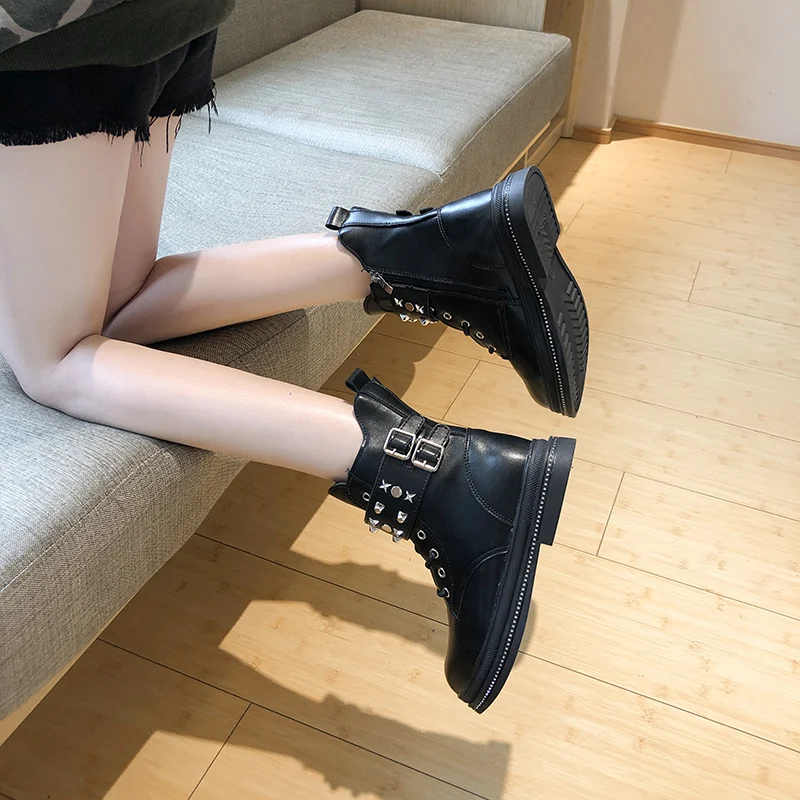 Women's Mid Calf Boots Rivets Shoes Low Heels booties Bootee Woman Booties Ladies Luxury Designer Round Toe Lace Up Rubber