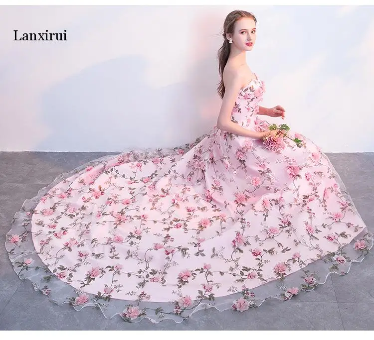 Lanxirui, розовые платья с цветами, длинное милое платье без бретелек, vestido de formatura longo, вечерние платья на Хэллоуин
