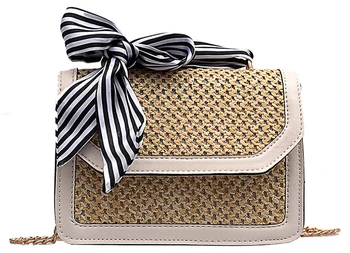 

QZUnique Women's Straw Woven Crossbody Bag Shoulder Bag Square Handbag Purse With Ribbon White