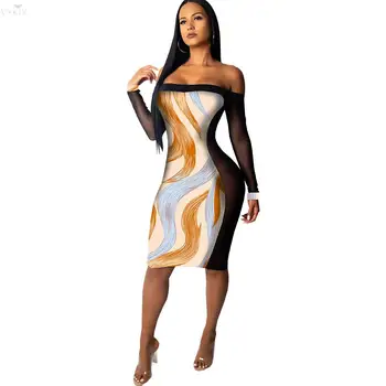 

Lady Slim Hips Sexy Dress Elegant Patchwork Design Sheer Mesh Print Vintage Women Bodycon Dress Strapless Party Vestidos
