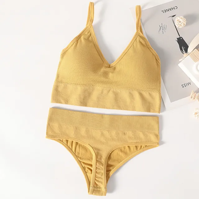 Women Bra And Panties Set Sports Bra Set Sexy G-String Seamless Bra Thong Sexy Lingerie Set Fitness Crop Top Underwear Intimates thong-yellow