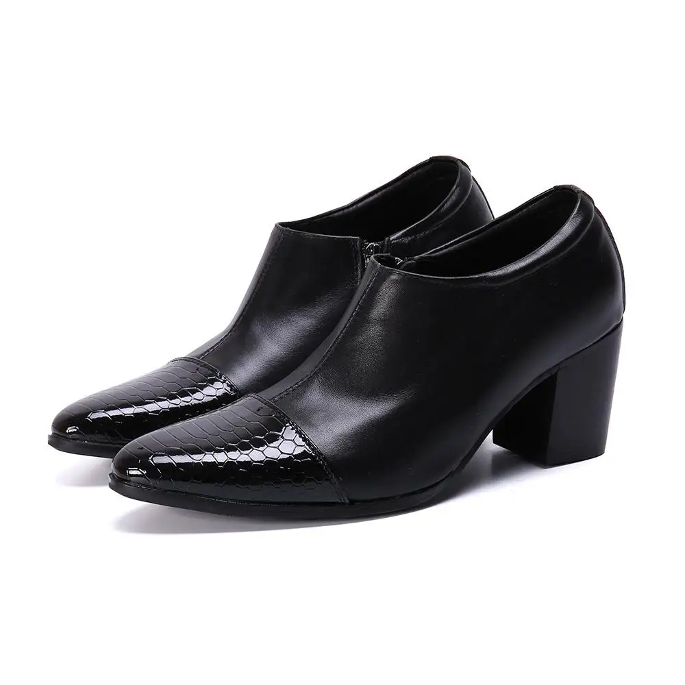 Height Increased Men Leather Shoes Snakeskin Printed Cap Toe Slip On Men Casual Business Shoes Side Zipper Slip On Men Shoes - Цвет: Черный