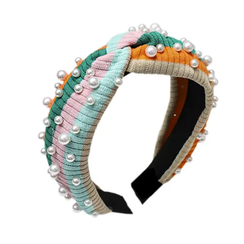 1PC Bohemian Rainbow Stripes Headband Women Ribbed Knit Wide Hair Hoop Imitation Pearl Beaded Twist Knotted Headwear