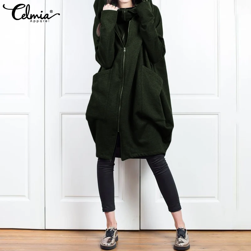 Cellumia осенние куртки модные женские толстовки повседневные свободные длинные пуловеры на молнии Топ Женское пальто с капюшоном размера плюс