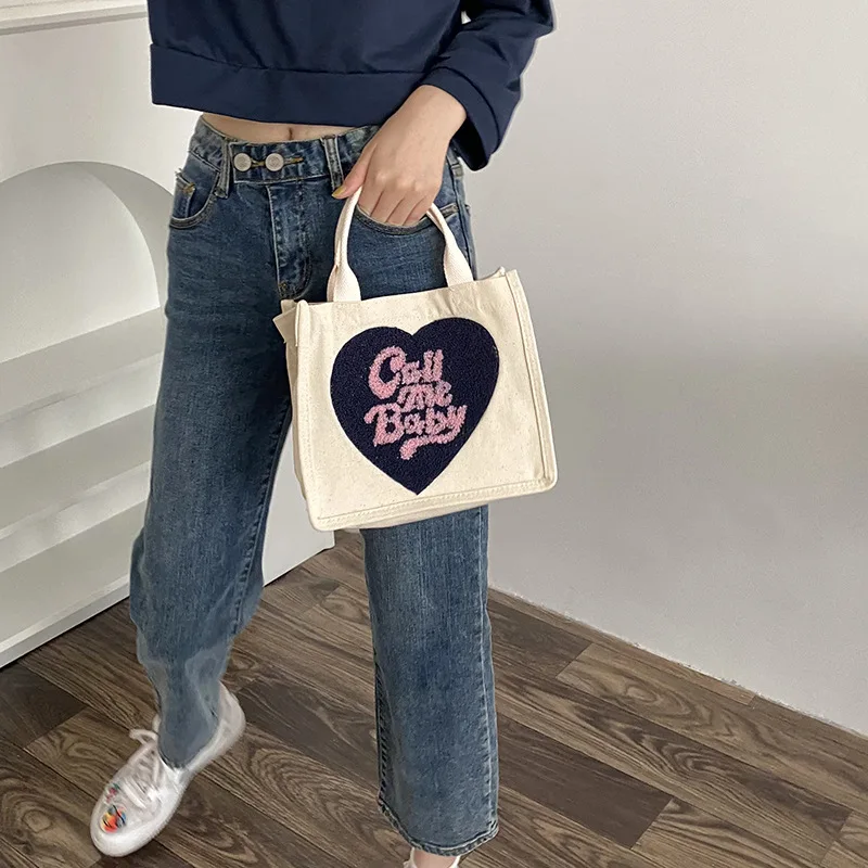 Lunch Bag Bento Bag Cooler Bag Heart Shape Canvas Picnic Tote Cotton Cloth Food Storage