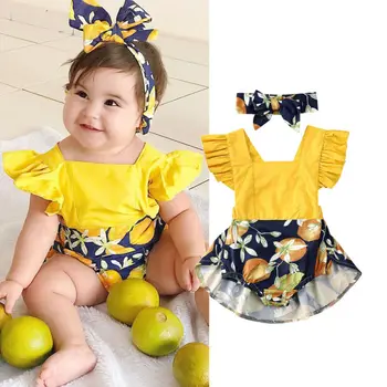

Pudcoco Infant Baby Girl Bodysuit Kids Summer Lemon Print Ruffle Jumpsuit Dress One Piece Headband 2PCS Floral Outfit Clothes