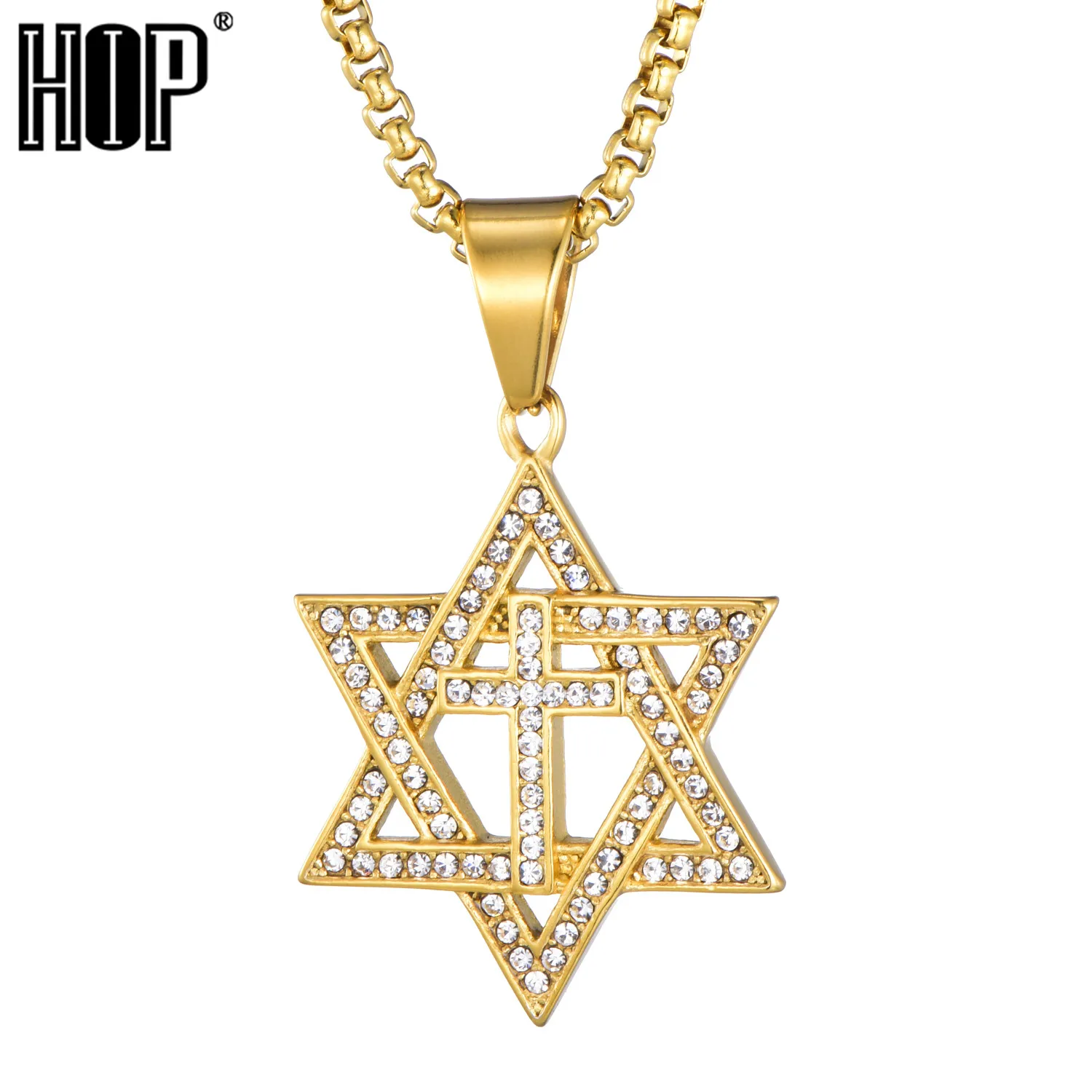 Хип-хоп Золото Цвет Нержавеющая сталь Bling Iced Out веревка цепь Звезда Давида
