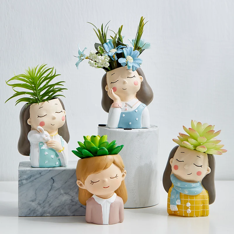 

Cartoon Girl Resin Flower Vase Pot with Artificial Plant Potting Flowerpot Home Decoration Office Desktop Wedding Decoration