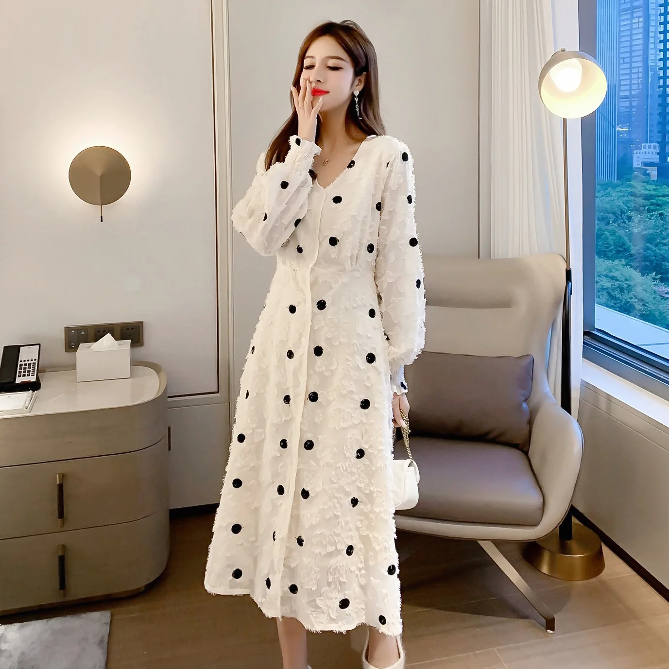 

2020 Spring Clothing New Style French GIRL'S Polka Dot Waist Hugging Slimming Mid-length Dress Spring WOMEN'S Dress