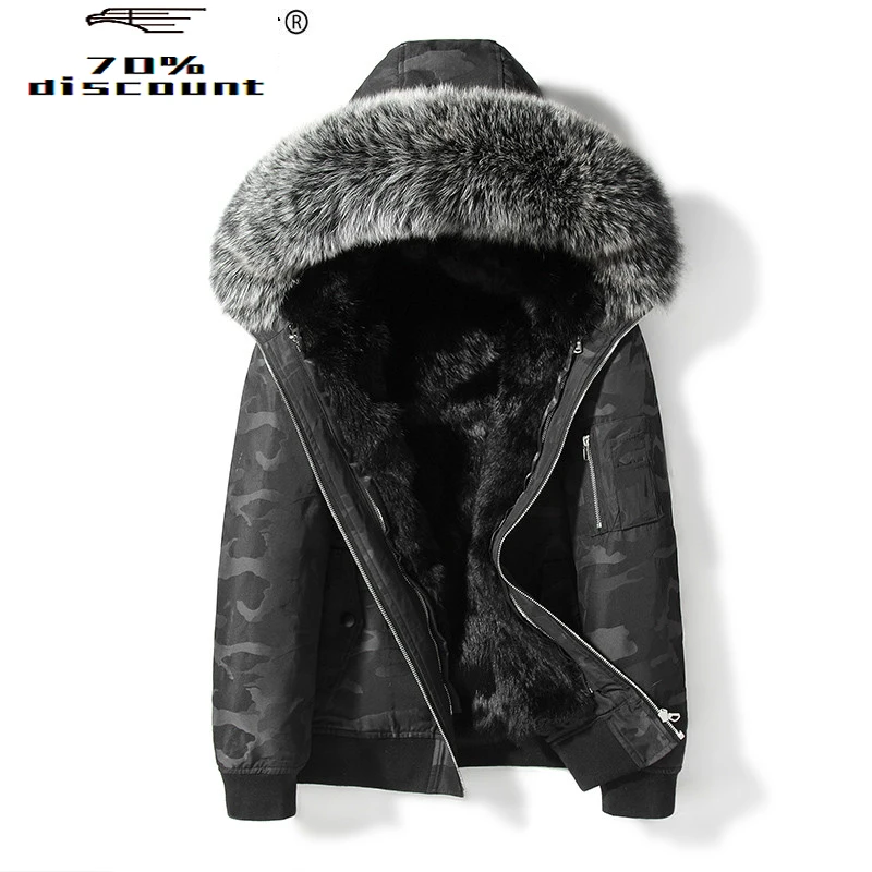 

Winter Parka Real Fur Coat Men Hooded Fox Fur Collar Short Winter Jackets Natural Rabbit Fur Liner Parkas 29885 KJ3450