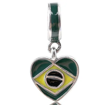 

New 925 Sterling Silver Charm Yellow & Green Enamel Brazil Heart Flag Pendant Beads Fit Bracelet Bangle Diy Jewelry