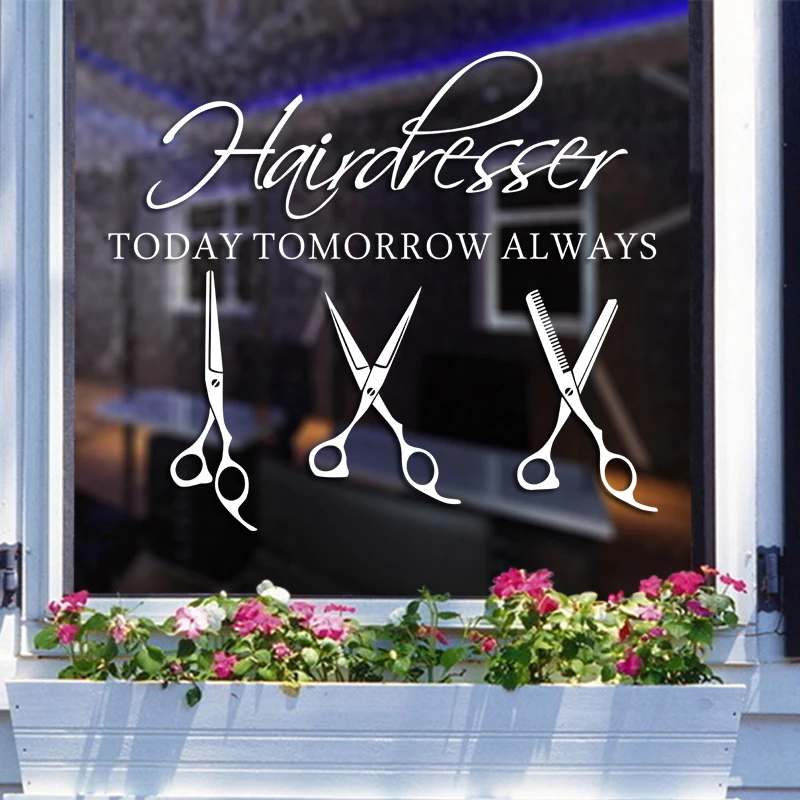 Hairdresser Scissors Hair Salon Barber Shop Sticker Hair Salon Decal Haircut Poster Vinyl Wall Art Decals Windows Decoration