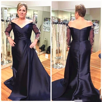

Dark Navy Blue Mother of the Bride Dress Plus Size Long Sleeve Appliques Satin Formal Evening Wedding Guest Prom Party Gown