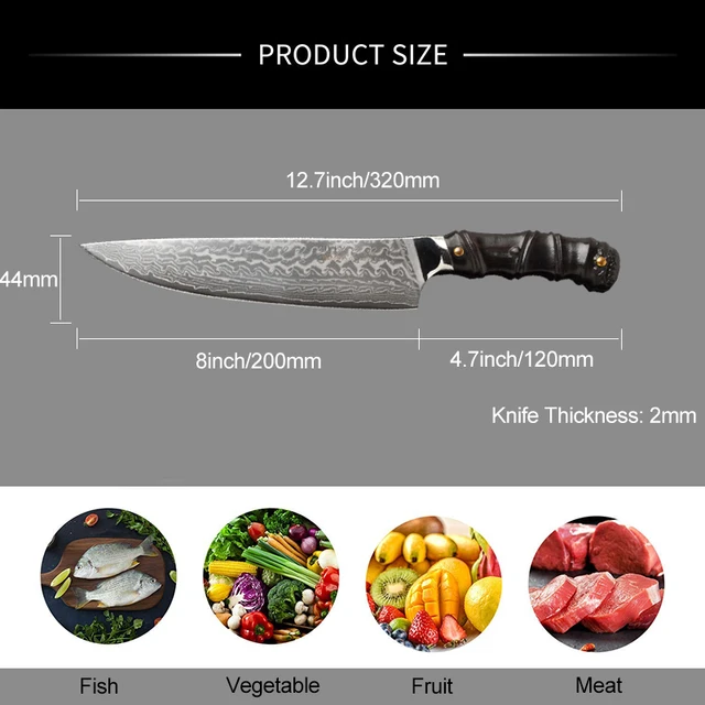 8 Hüvelykes Séf Kés A Konyhához Magas Széntartalmú Japán Damaszkusz Vg10 Acél Aprító Halak Filézet Szeletelő Főzés Gyuto 19