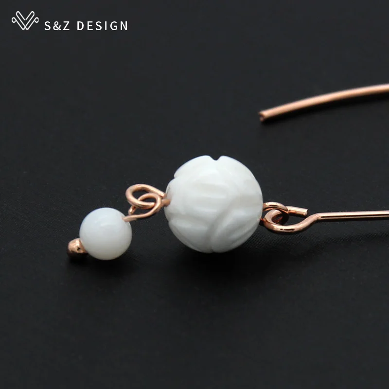 S&Z DESIGN Long Round Natural White Shell Beads Dangle Earrings 585 Rose Gold Color Fine Eardrop For Women Girl Wedding Jewelry