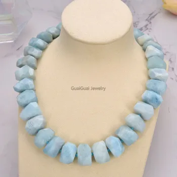 

GuaiGuai Jewelry 20''13x23 Natural Faceted Blue Aquamarine Gems Stone Nugget Necklace