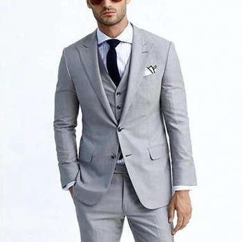 Skup YIWUMENSA Jasnoszary Pan Młody Klapa Zamknięta Groomsman Smokingi ślubne Biznes Mężczyźni Prom Party Kurtka Oficjalna Marynarka 3 Sztuka Garnitur 2021