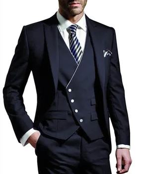 

3 Pieces Men Suits Notched Lable Navy Groomsuit Blazer One Button Formal Business Suits Tuxedo ( Blazer+vest+Pant)