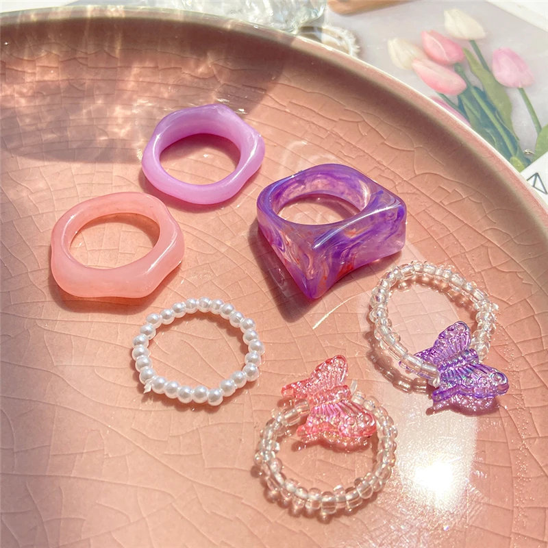 17KM Korean Colorful Transparent Resin Acrylic Rings Set for Women Trendy Geometric Square Round Ring Wedding Jewelry