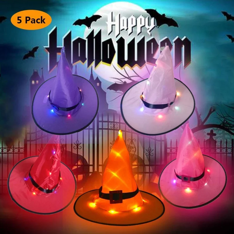 

LED Light Up Halloween Witch Hat Battery Powered Glowing In Dark Party Hat Hanging Halloween Decoration Party Supplies 5 Color