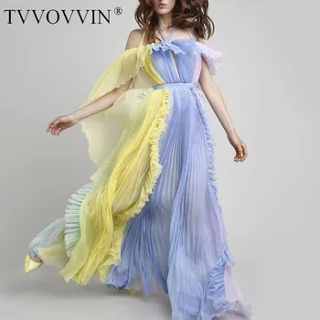 

TVVOVVIN 2020 Summer New Fashion Women's Temperament Slash Neck Dress Ruffles High Waist Hit Color Sexy Patchwork B315